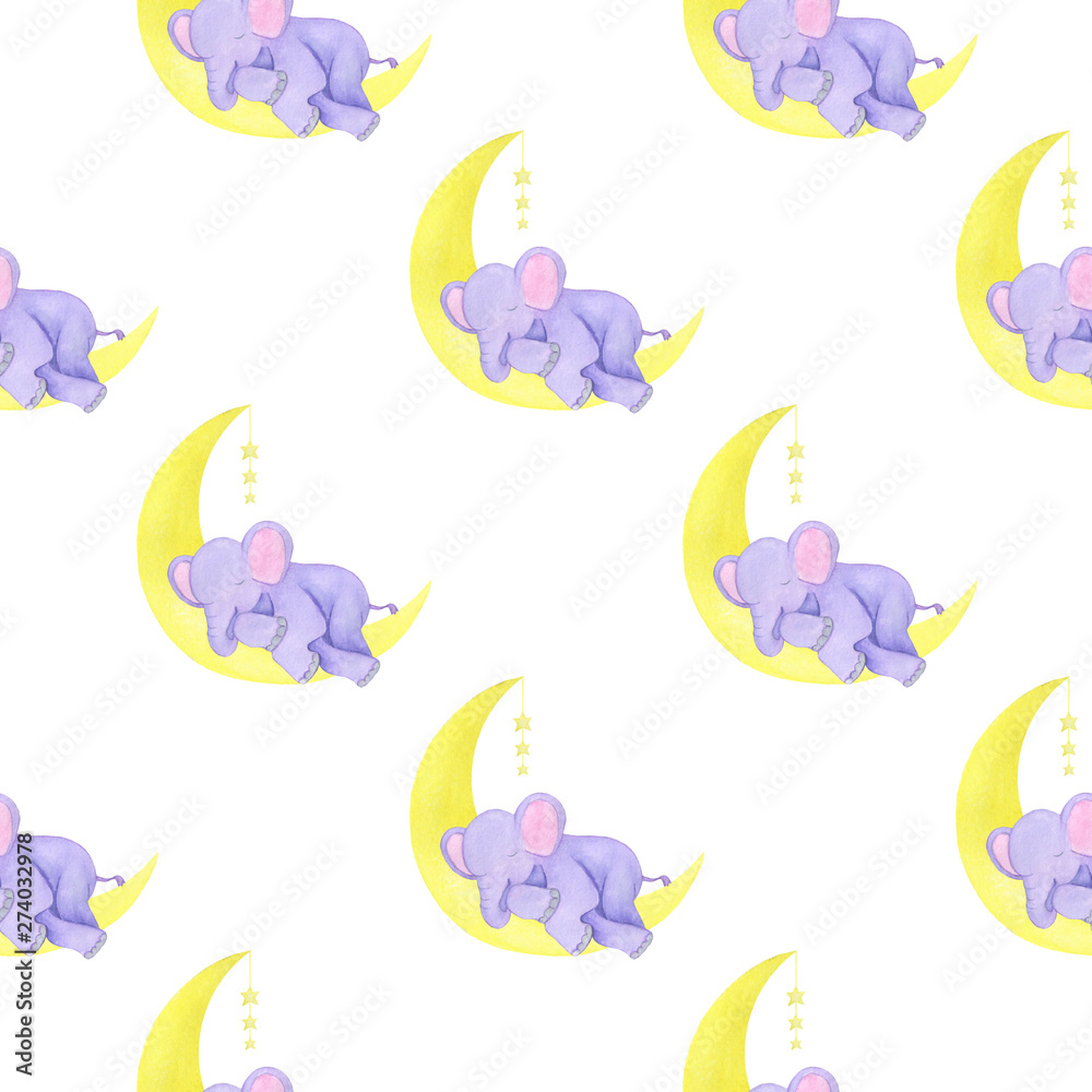 Seamless children's illustration pattern elephant asleep stars clouds moon watercolor illustration digital paper scrapbooking design stickers greeting cards kids textiles