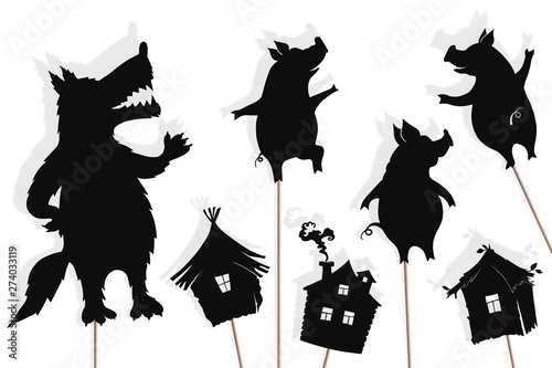 Canvas Print Three little pigs storytelling, isolated shadow puppets.
