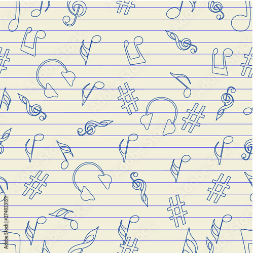 Musical seamless pattern with instrument and notes.