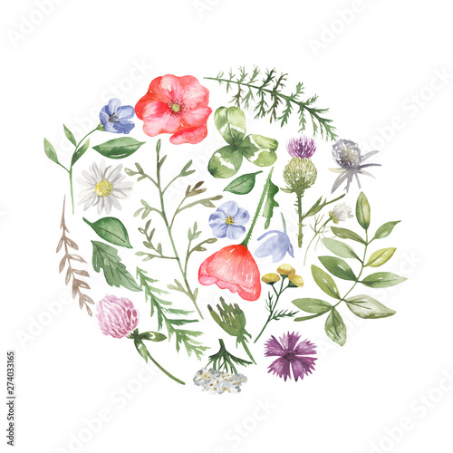 Flower arrangement in the form of a circle and a heart of wildflowers. Template for invitation, wedding, birthday, greeting cards, logos, quotes, place for text.