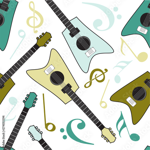 Musical seamless pattern with guitar. photo