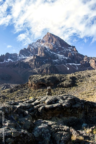 Scenic landscape of Kilimanjaro mountain with rocky Mawenzi peak