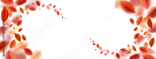 Fall wide panoramic decoration elements with blurred flying red leaves, autumn nature vector hanging banner design