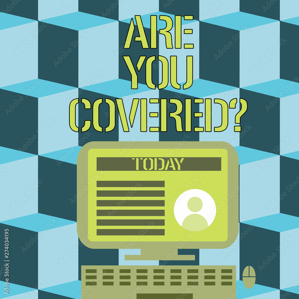 Fototapeta premium Conceptual hand writing showing Are You Covered Question. Business photo showcasing asking showing if they had insurance in work or life Computer Mounted on Stand with Online Profile Data on Screen.