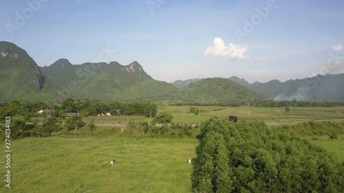 asphalt road surrounded by beautiful green fields and thick gardens against long steep mountain range aerial view photo