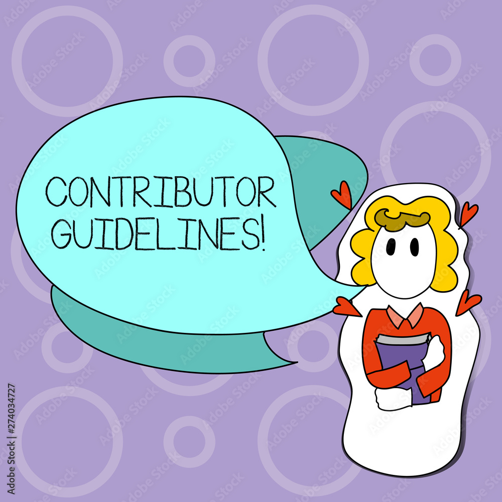 Writing note showing Contributor Guidelines. Business photo showcasing demonstrating who writes articles for magazine or newspaper Girl Holding Book with Hearts Around her and Speech Bubble.