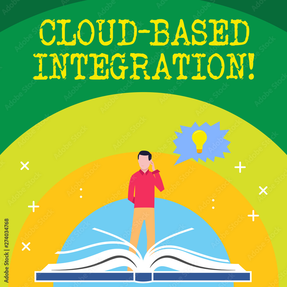 Handwriting text writing Cloud Based Integration. Concept meaning tools and technologies that connects applications Man Standing Behind Open Book, Hand on Head, Jagged Speech Bubble with Bulb.