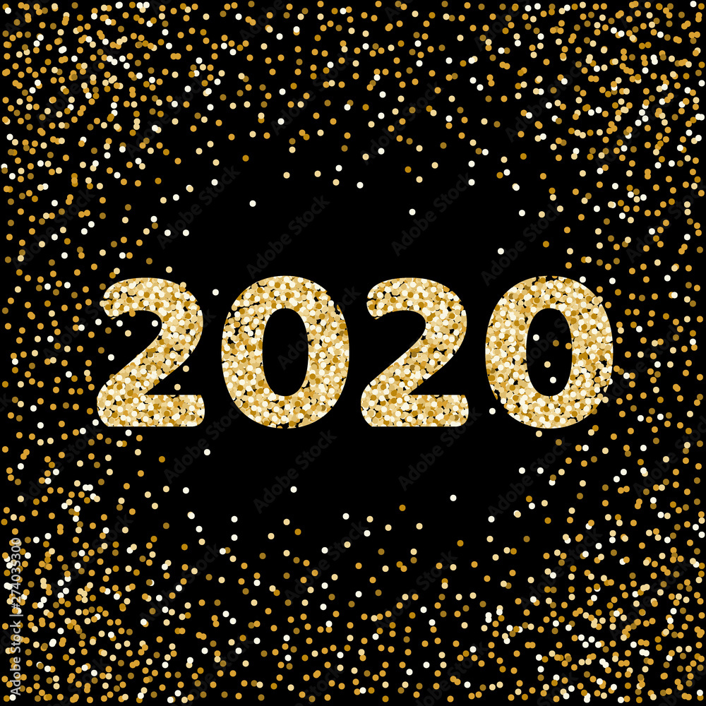 2020 golden New Year. Winter holiday background. Gold shining glitter confetti. Vector illustration isolated on black background. 2020 golden New Year. Winter holiday background. Gold shining glitter confetti. Vector illustration isolated on black background.
