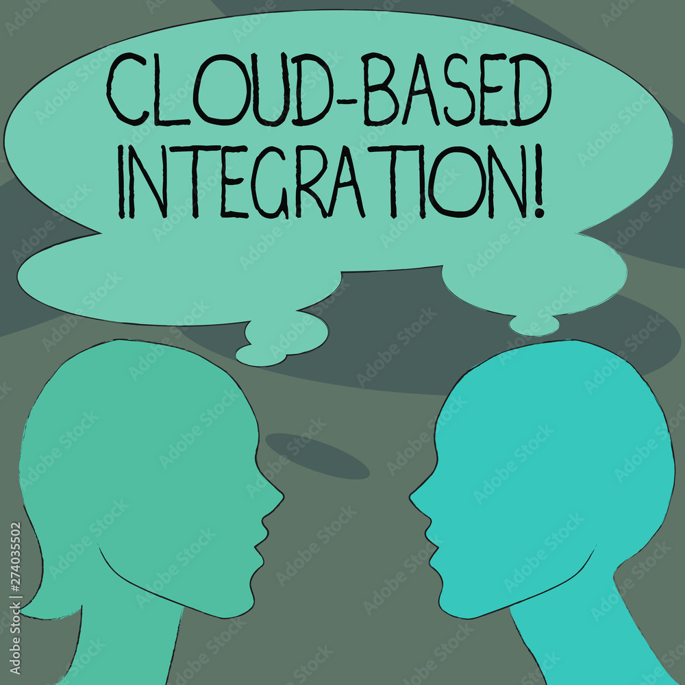 Handwriting text Cloud Based Integration. Concept meaning tools and technologies that connects applications Silhouette Sideview Profile Image of Man and Woman with Shared Thought Bubble.