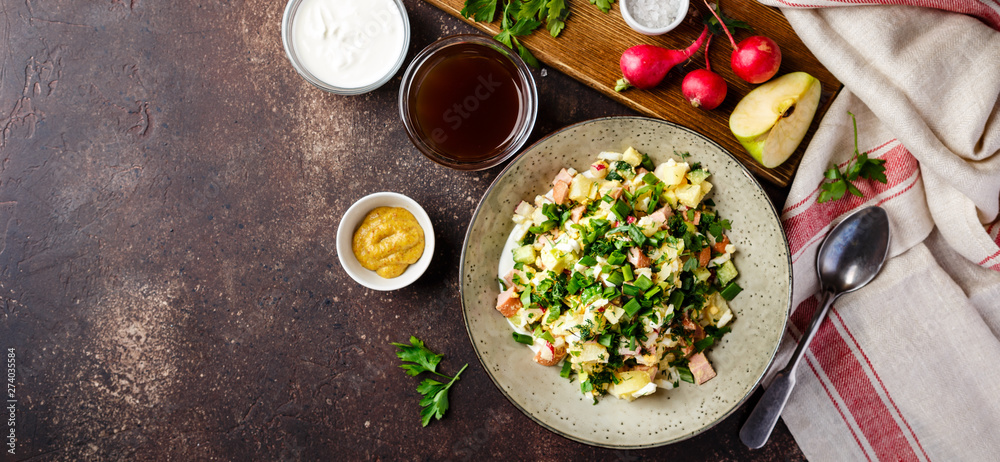 Cold Soup Okroshka with sausage, vegetables and kvass Cold Soup Okroshka with sausage, vegetables and kvass