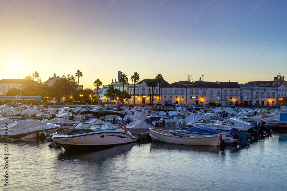 Sunrise in the harbor of the town of Faro. Portugal.