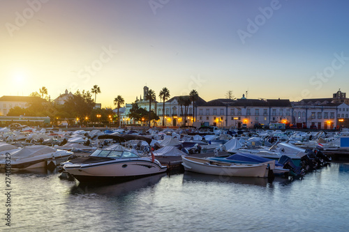 Sunrise in the harbor of the town of Faro. Portugal.