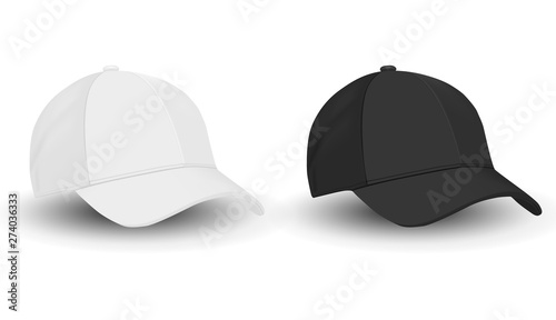 Baseball hat. Black and White Sport Cap Mockup Set. Front view Apparel Template on White Background. Merchandise Uniform Wear. Realistic Design Cotton Baseball Cap. Basic Rap Textile Jeans Hat.