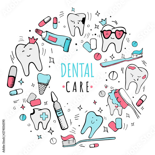 Colored doodle dental and orthodontic vector set: implant, healthy tooth in the crown, toothbrushes, toothpaste, mouthwash, medicinal ampoule, tablets and chewing gums. Lettering Dental Care