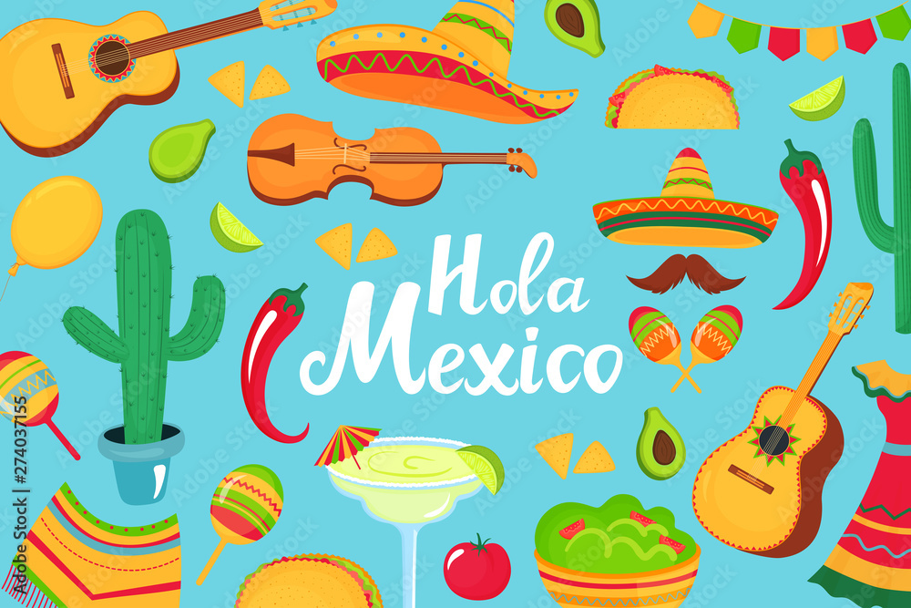 Vecteur Stock Hola Mexico hand drawn lettering. Decorative poster, banner,  flyer, greeting card, advertising for the national Mexican holiday. Musical  instruments, local food, clothing. | Adobe Stock