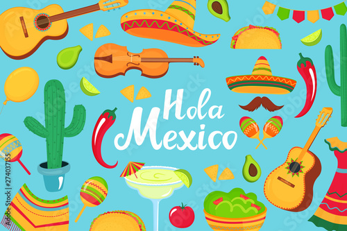 Hola Mexico hand drawn lettering. Decorative poster, banner, flyer, greeting card, advertising for the national Mexican holiday. Musical instruments, local food, clothing.