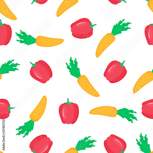 Carrot and paprika. Sweet pepper seamless pattern. Organic vegetarian food. Used for design surfaces, fabrics, textiles, packaging paper