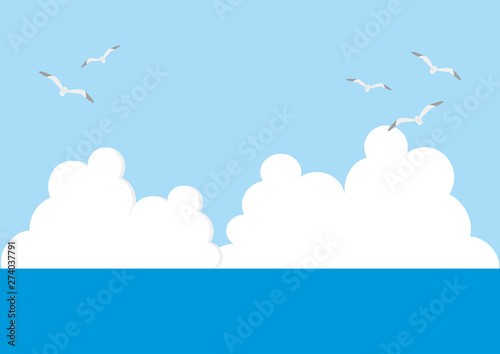 illustration of sea, sky, clouds and seagull flying.