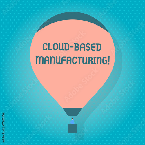 Word writing text Cloud Based Manufacturing. Business concept for paradigm developed from existing advanced models Blank Pink Hot Air Balloon Floating with One Passenger Waving From Gondola. photo