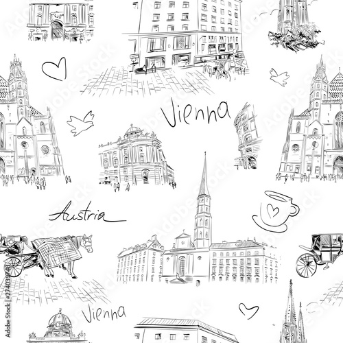 Seamless pattern Vienna, Austria. Hand drawn sketch vector illustration. 