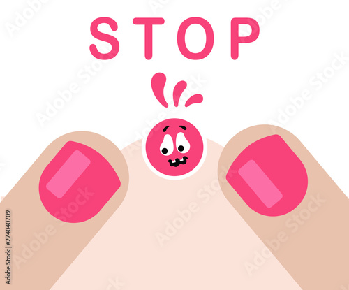 Two fingers trying to squeeze out a pimple. Scared face. Red stop sign. Flat vector on white background