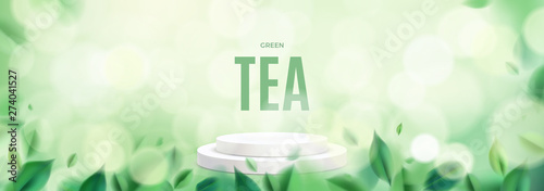 Green nature wide abstract background with tea leaves and pedestal vector illustration