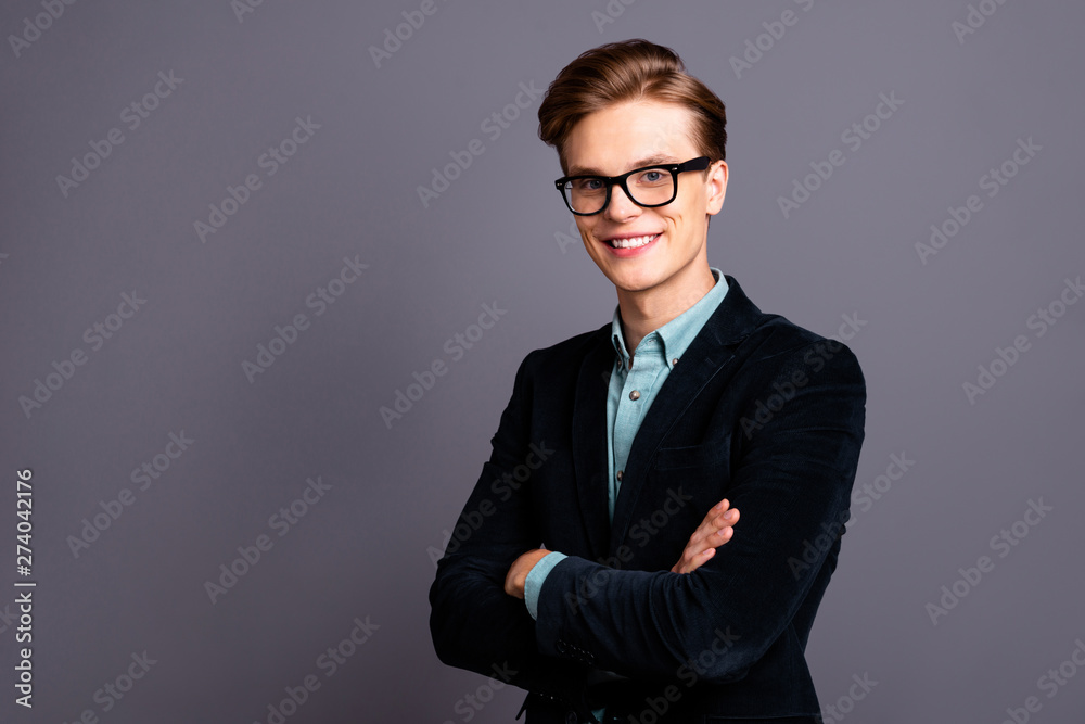 Close up side profile photo amazing him his guy macho specs perfect appearance hairstyle arms crossed easy-going chief leadership white teeth formal-wear shirt velvet jacket isolated grey background Close up side profile photo amazing him his guy macho specs perfect appearance hairstyle arms crossed easy-going chief leadership white teeth formal-wear shirt velvet jacket isolated grey background