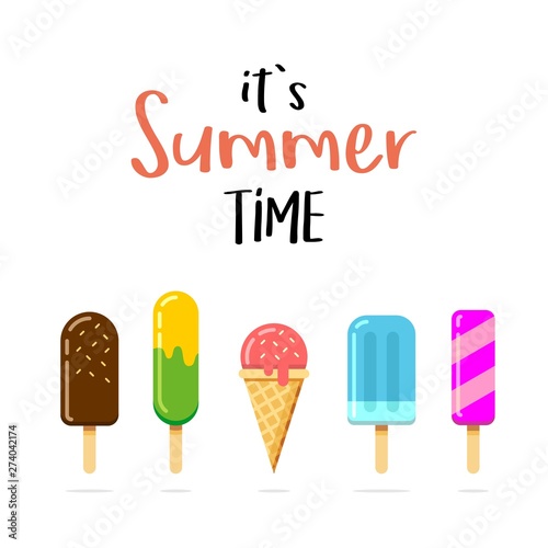 It is Summer time vector colorful ice cream illustration. Delicious cold food isolated on white background