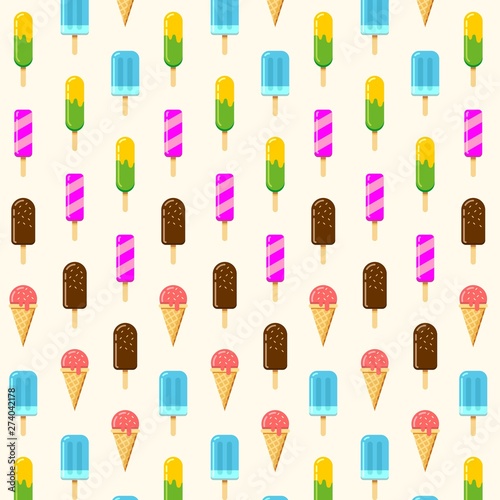 Colorful pattern with a lot of isolated ice cream. Hot summer time. Cold food flat vector illustration background