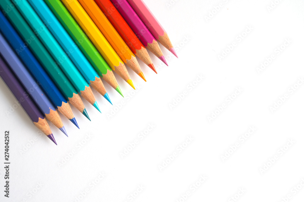 Photo of many color pencils on white background. Various colors. Advertising, blog post, newsletters. Photo of many color pencils on white background. Various colors. Advertising, blog post, newsletters.