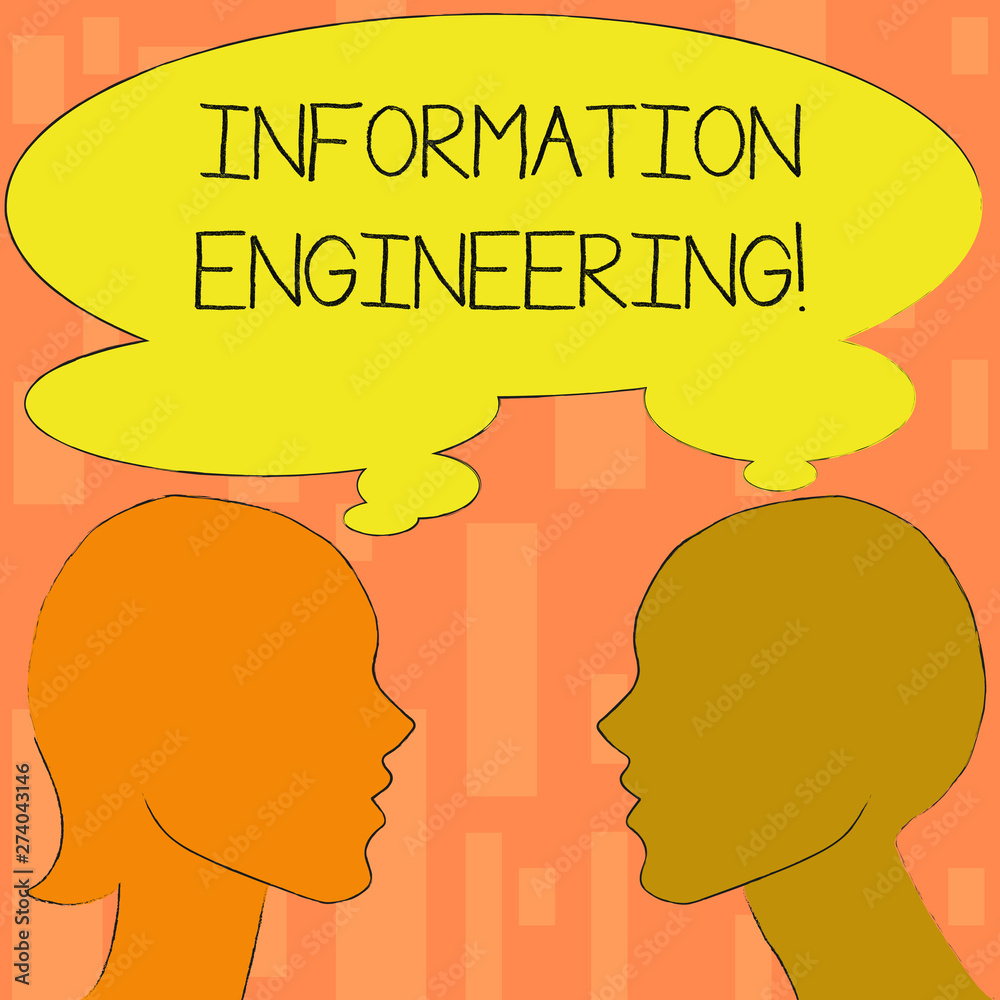 Word writing text Information Engineering. Business concept for deals with distribution and knowledge in systems Silhouette Sideview Profile Image of Man and Woman with Shared Thought Bubble.