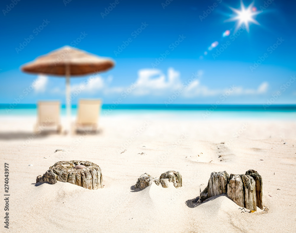 Obraz premium Summer background of beach with yellow sand and umbrella 