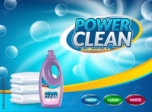 Powder laundry detergent advertising poster. Vector realistic illustration