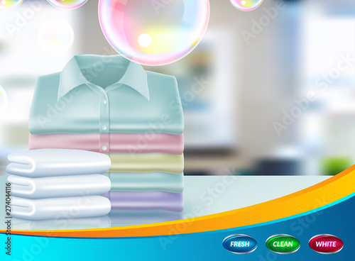 Vector realistic promo banner of washing powder, poster for advertising liquid detergent in bottle, jar. 3d template for product, concept with soap bubbles