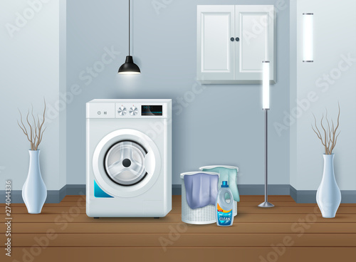 Laundry Room with Washing Machine and Dryer. Flat style with long shadows. Modern trendy design. Vector illustration