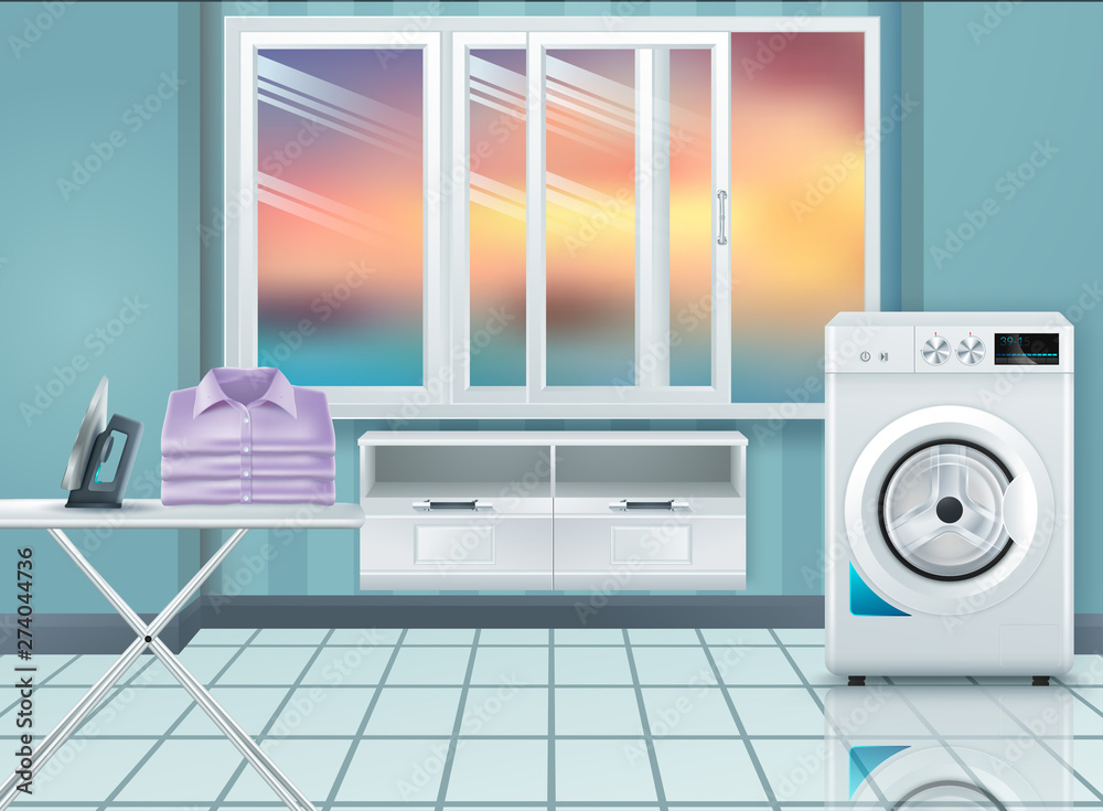 Laundry Room with Washing Machine and Dryer. Flat style with long shadows. Modern trendy design. Vector illustration