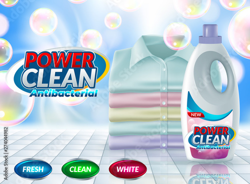 Vector realistic promo banner of washing powder, poster for advertising liquid detergent in bottle, jar. 3d template for product, concept with soap bubbles