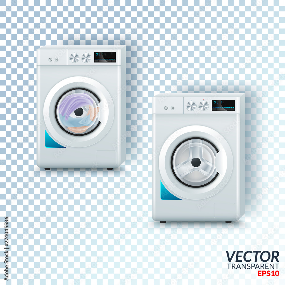 Vector 3d Realistic Modern White Steel Washing Machine Icon Closeup Isolated on Transparent Background