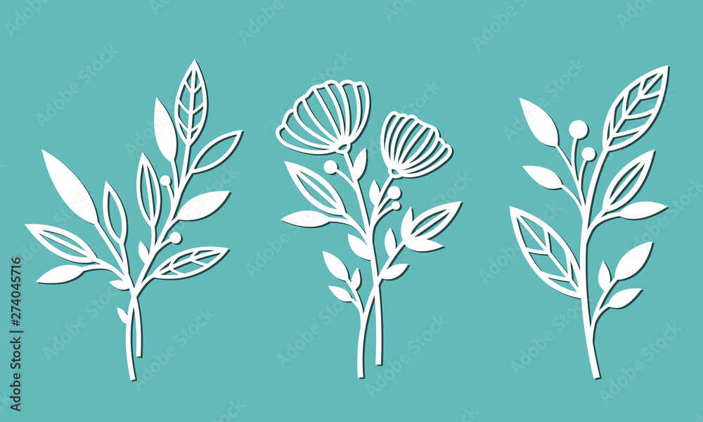 Branches with flowers and leaves. Patterns for decoration. Elements for cutting out of paper, plotter or laser cutting.