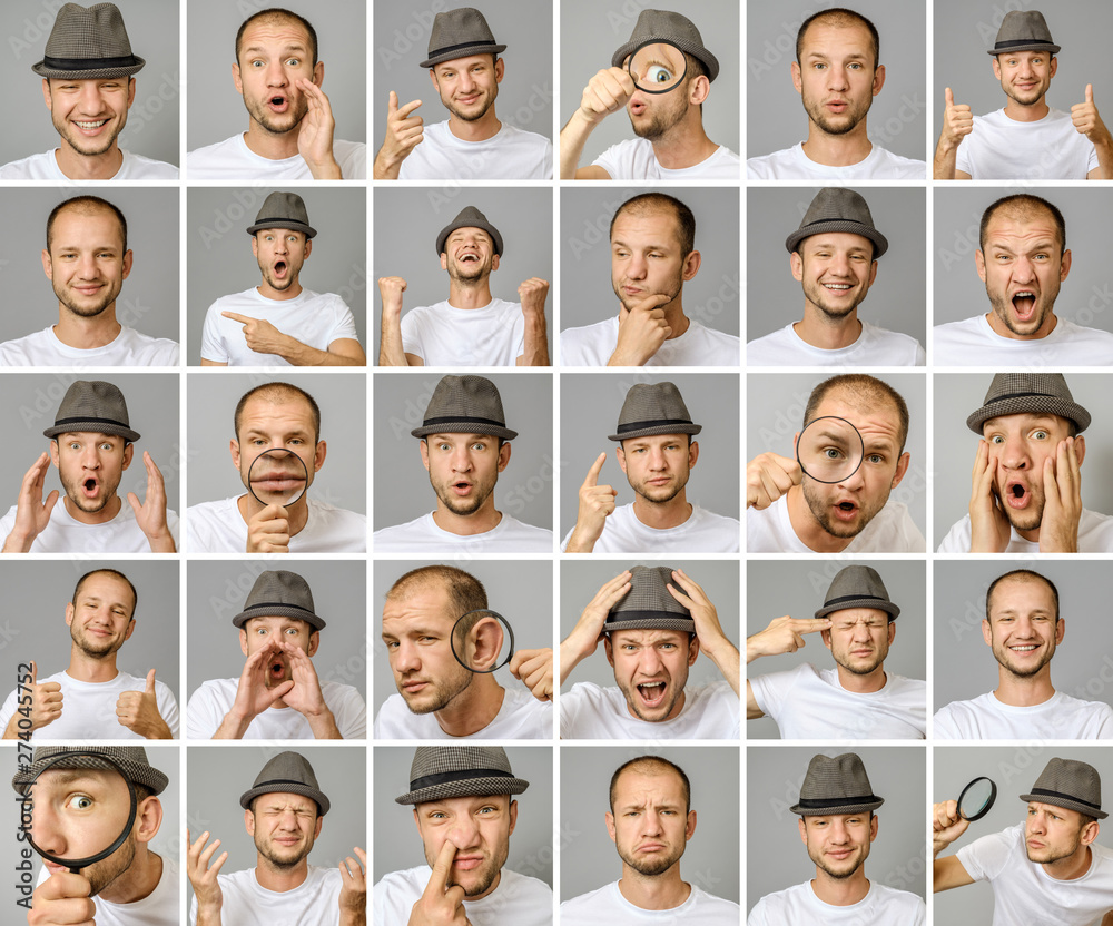 Set of young man's portraits with different emotions and gestures Set of young man's portraits with different emotions and gestures