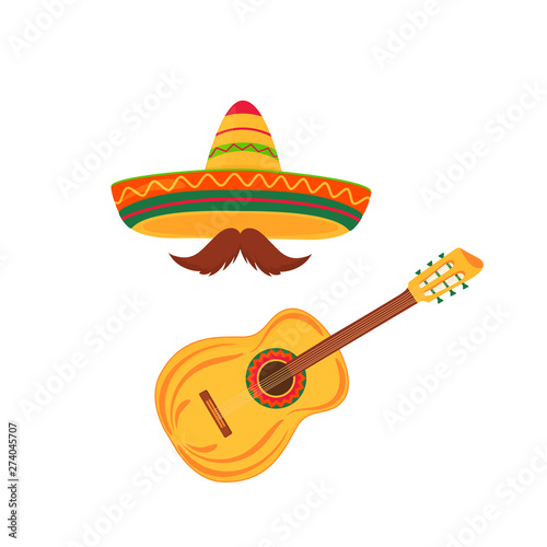 Sombrero and mustache. Acoustic guitar. String instruments. Musical Festival
