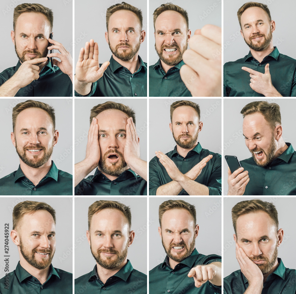 Fototapeta premium Set of handsome man with different emotions and gestures