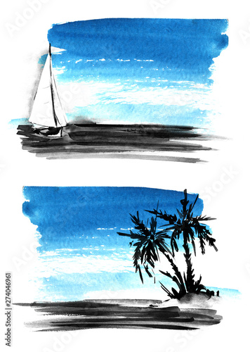 Set two postcard illustration Dark silhouette two palm trees on small island ocean. Black Ink sketch sailboat triangular sail in sea blue watercolor sky background. Hand-drawn watercolor illustration photo