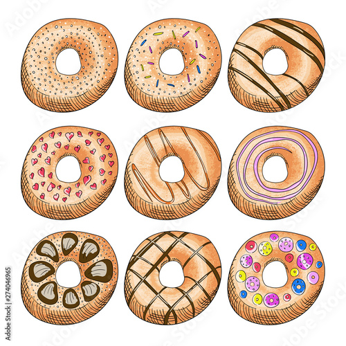 Donuts decorated with icing color illustrations set