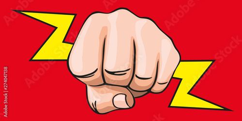 Concept de la puissance et de l’énergie, avec l’illustration d’un poing en gros plan, vu de face, qui tient un éclair. Le tout sur un fond rouge.