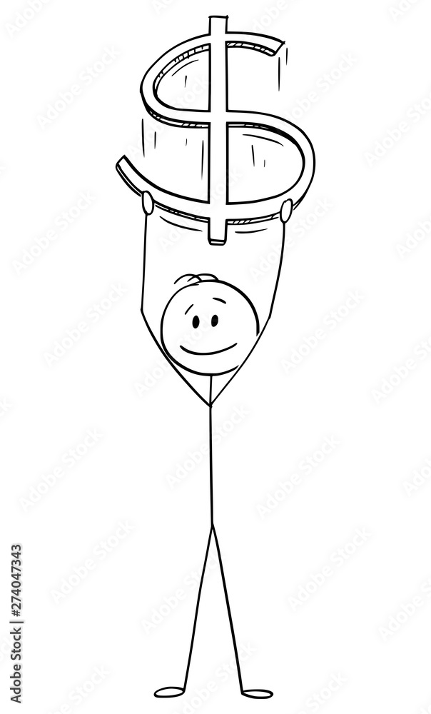 Vector cartoon stick figure drawing conceptual illustration of man or businessman holding big dollar currency symbol. Business concept. Vector cartoon stick figure drawing conceptual illustration of man or businessman holding big dollar currency symbol. Business concept.