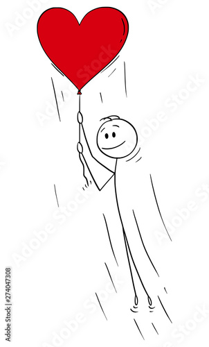 Vector cartoon stick figure drawing conceptual illustration of man in love holding rope big red flying inflatable balloon.