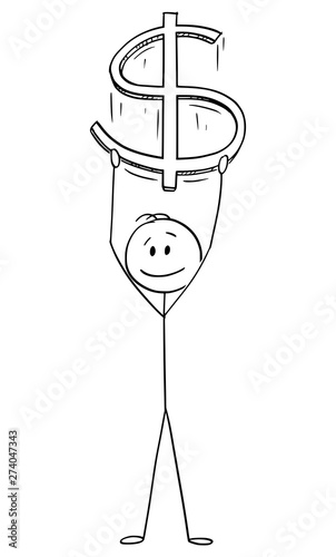 Vector cartoon stick figure drawing conceptual illustration of man or businessman holding big dollar currency symbol. Business concept.