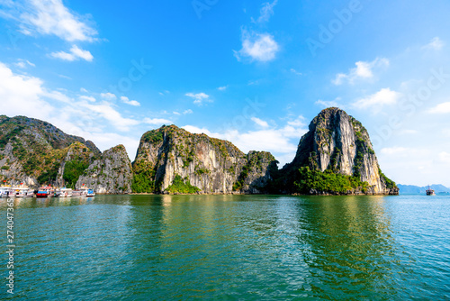 Beautiful scenery views cruising at Ha Long Bay, Hanoi, Vietnam. blue sky background summer season sunset emerald waters ocean sea, World Heritage Asia National Park Asian outdoors destinations