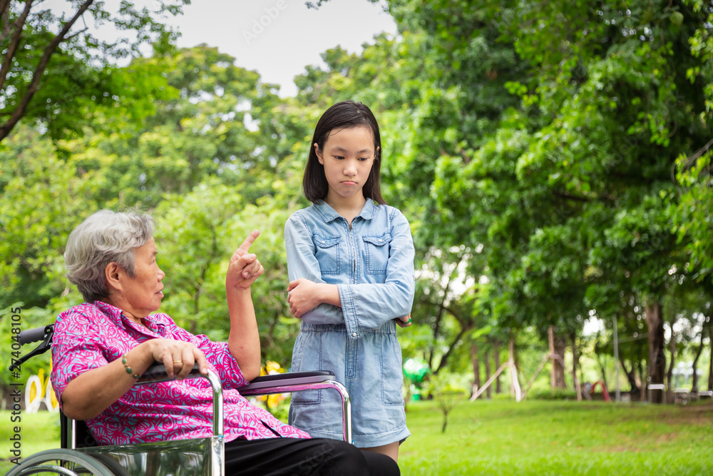 Fototapeta premium Asian senior woman in wheelchair angry,points her finger,admonishing child girl in outdoor park,grandmother emotion expression feeling,warning,reprimanding disobedient granddaughter for bad behavior